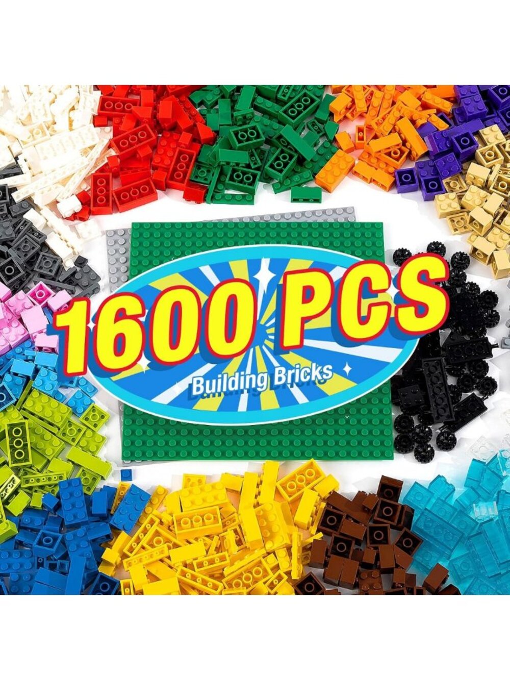 1600-Piece Building Brick Set with Sticky Plates & Wheels - Creative Fun for